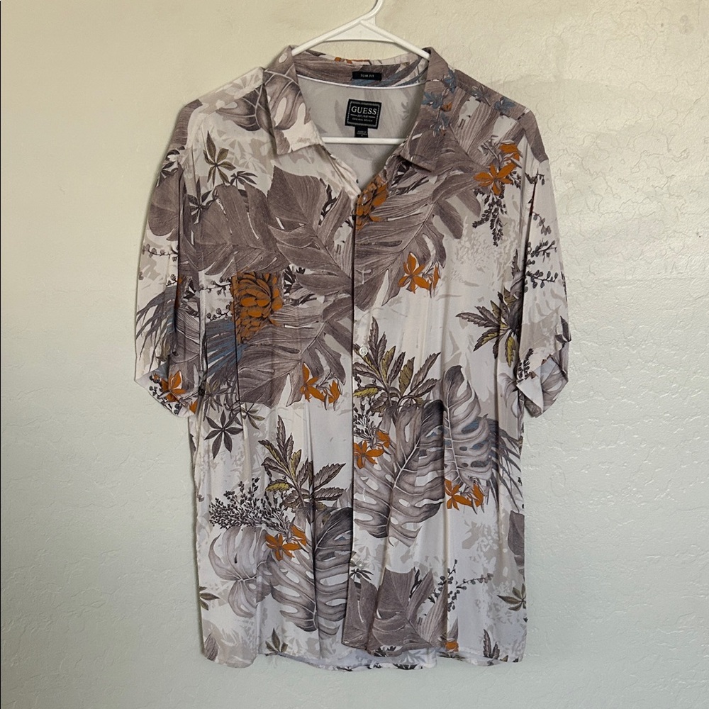 Guess Men's Leaf Print Casual Shirt - Gray and Orange